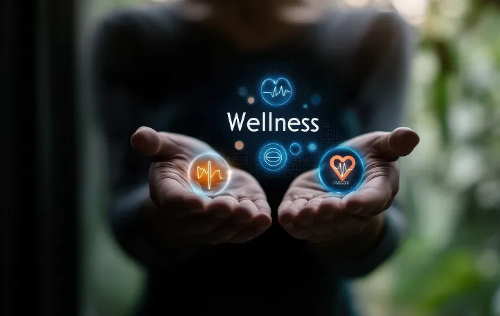 healthcare professional uses their hands showcase virtual wellness icons representing health setting is calm emphasizing importance wellbeing healthcare innovation - Hawan Yoga